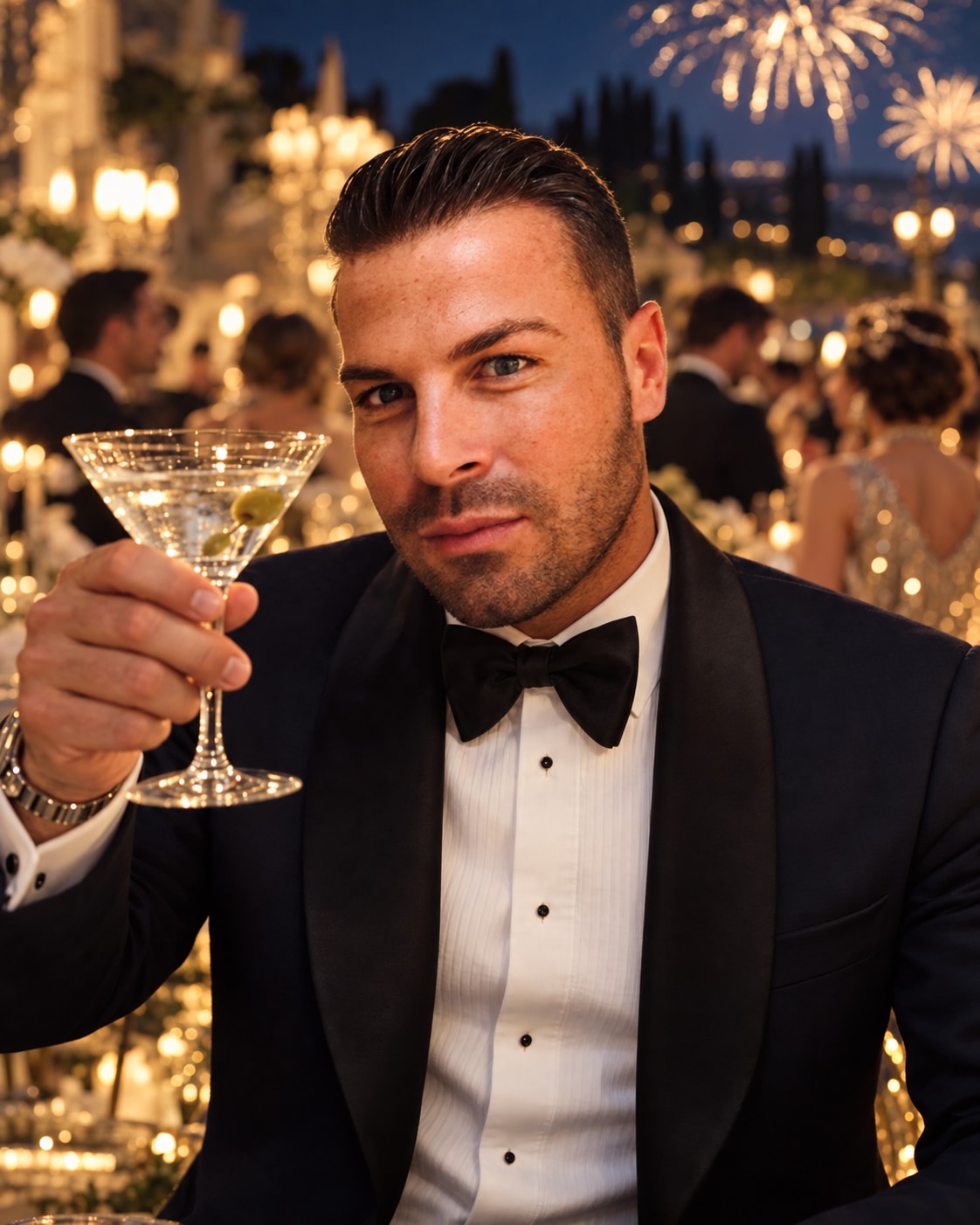 Nikki raising a martini glass in a Gatsby-inspired celebration with golden fireworks