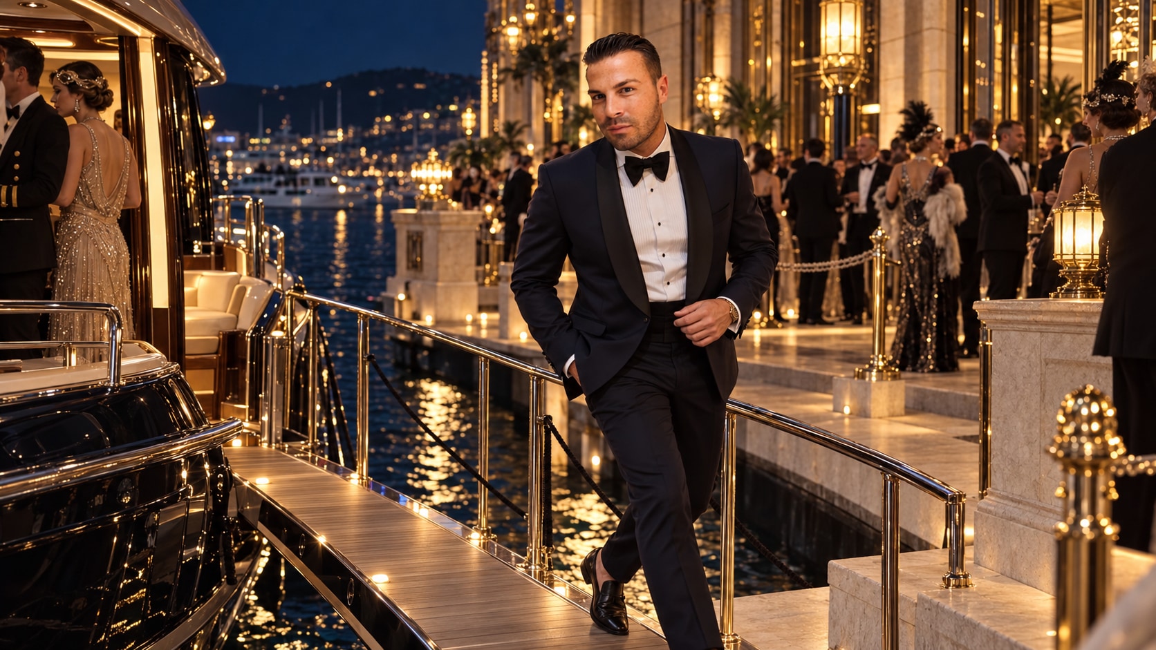 Nikki in a tuxedo arriving from a yacht at an imagined Gatsby-style waterfront celebration