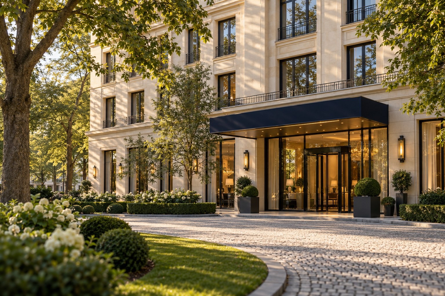 Gepflegter Hotelvorplatz mit repräsentativem Eingang und großzügiger Begrünung