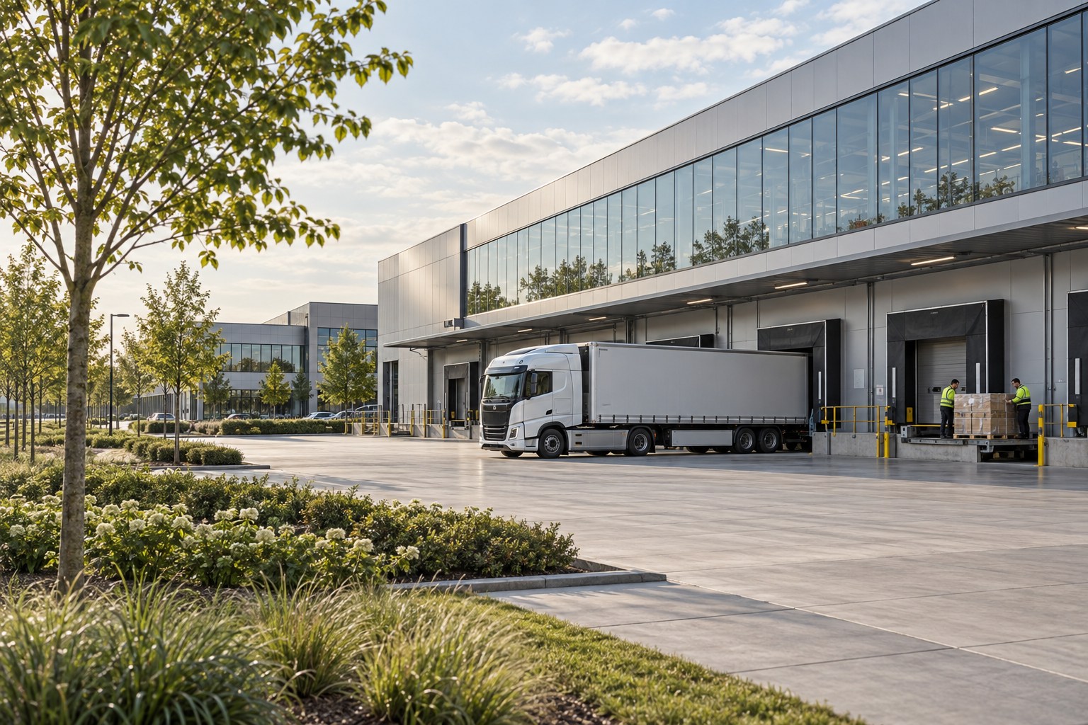 Modernes Logistikzentrum aus Glas und Stahl mit Lkw und Mitarbeitenden an einer Laderampe