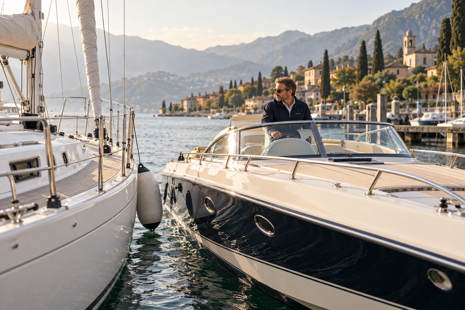 Aufmerksamer Skipper manövriert eine Motoryacht neben einem Segelboot