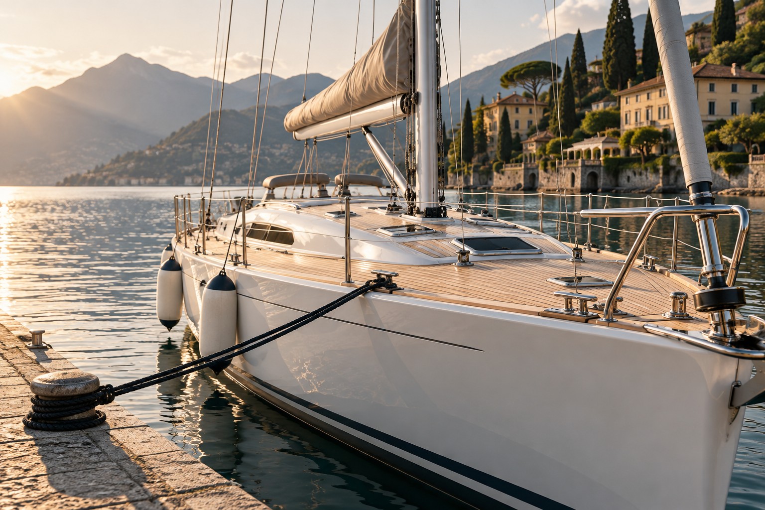 Sicher vertäute Segelyacht mit Fendern und gepflegtem Deck