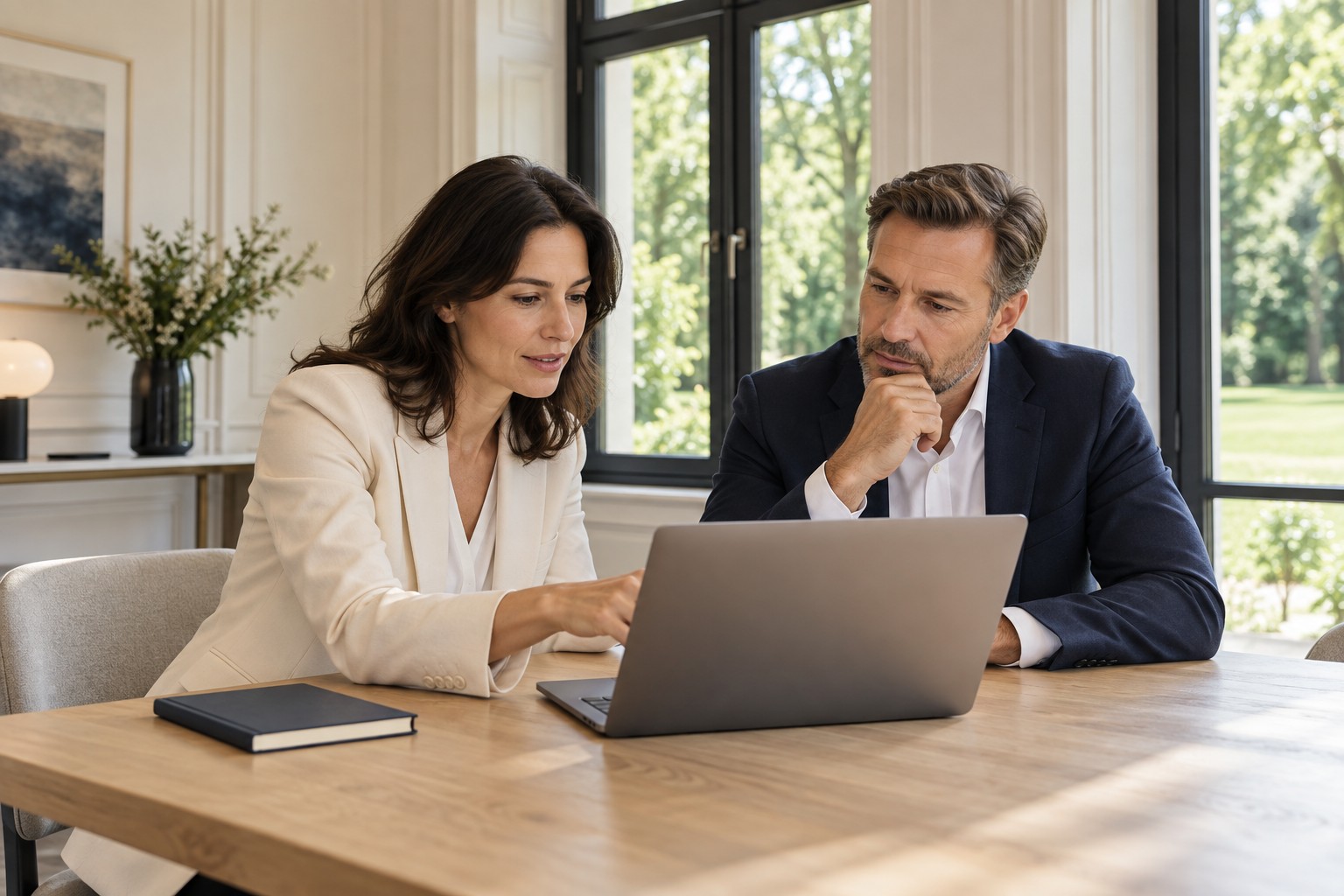 Zwei Berufstätige besprechen die Abläufe ihres Unternehmens in einem hellen Büro