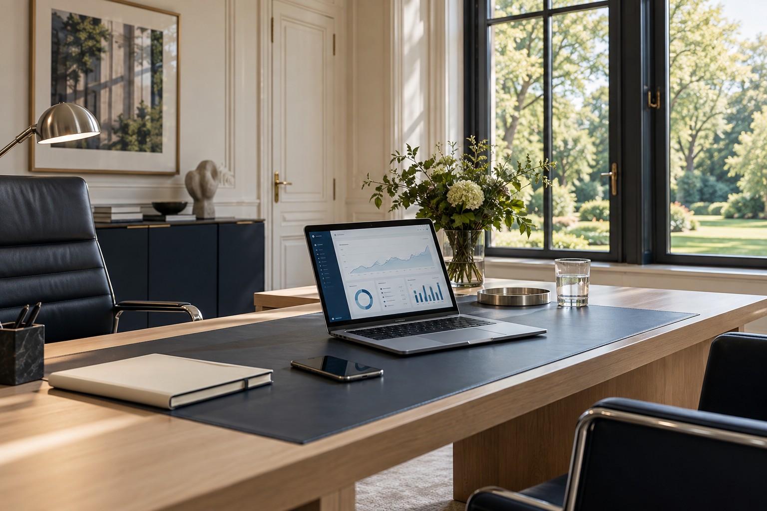Laptop an einem hellen Büroarbeitsplatz mit Blick in den Garten