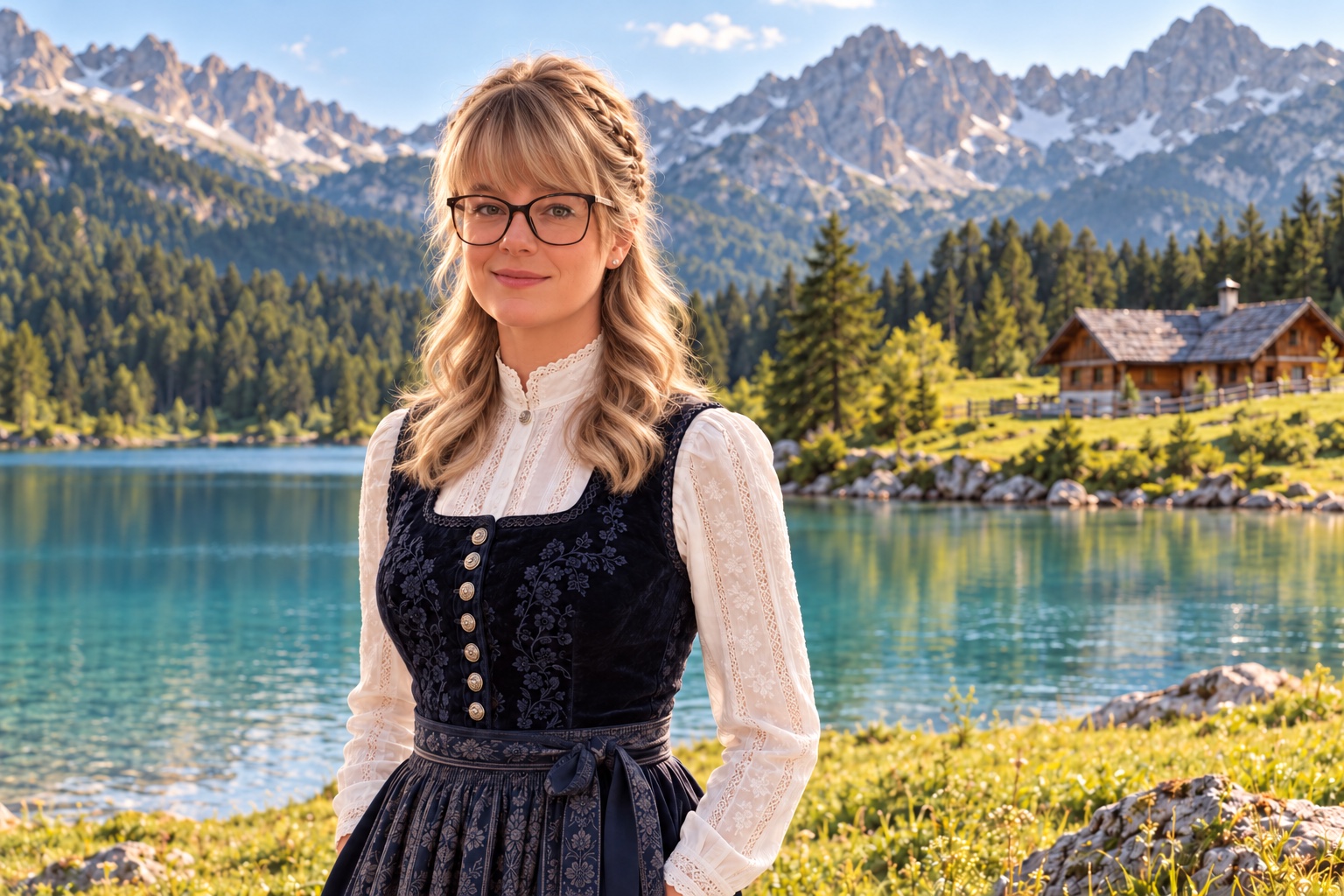 Denise Reuß in einem hochgeschlossenen Dirndl vor einem Alpensee mit Berghütte