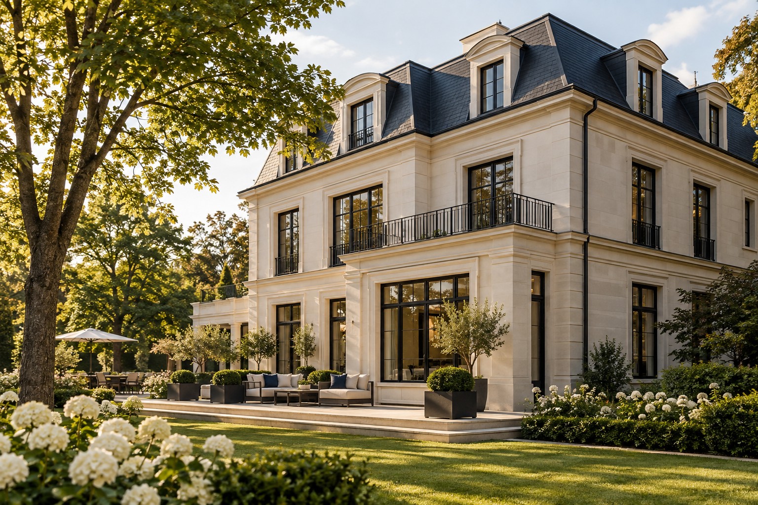 Elegante helle Villa mit Schieferdach und großzügigem Garten in Deutschland