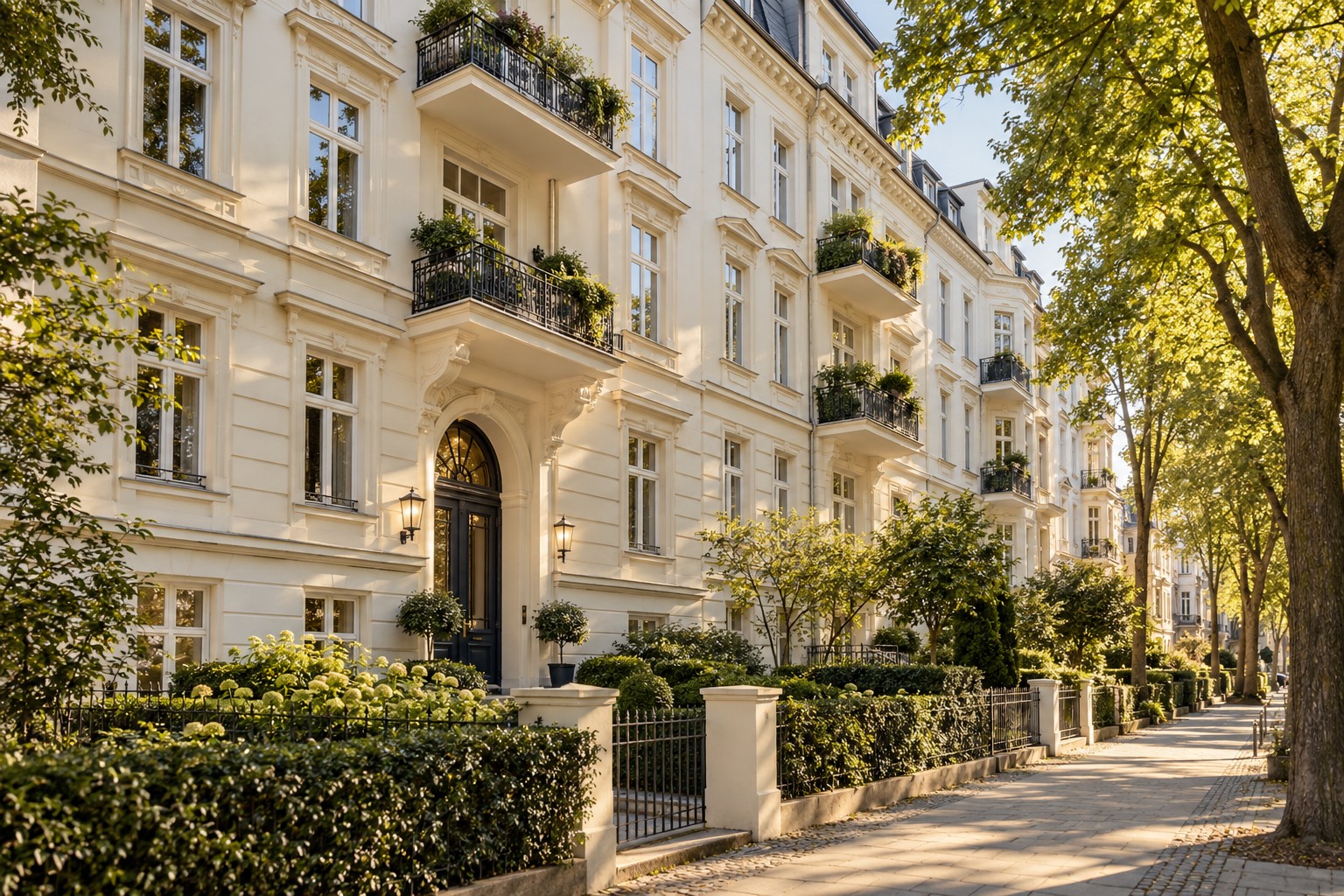 Elegantes Wohngebäude an einer begrünten deutschen Stadtstraße