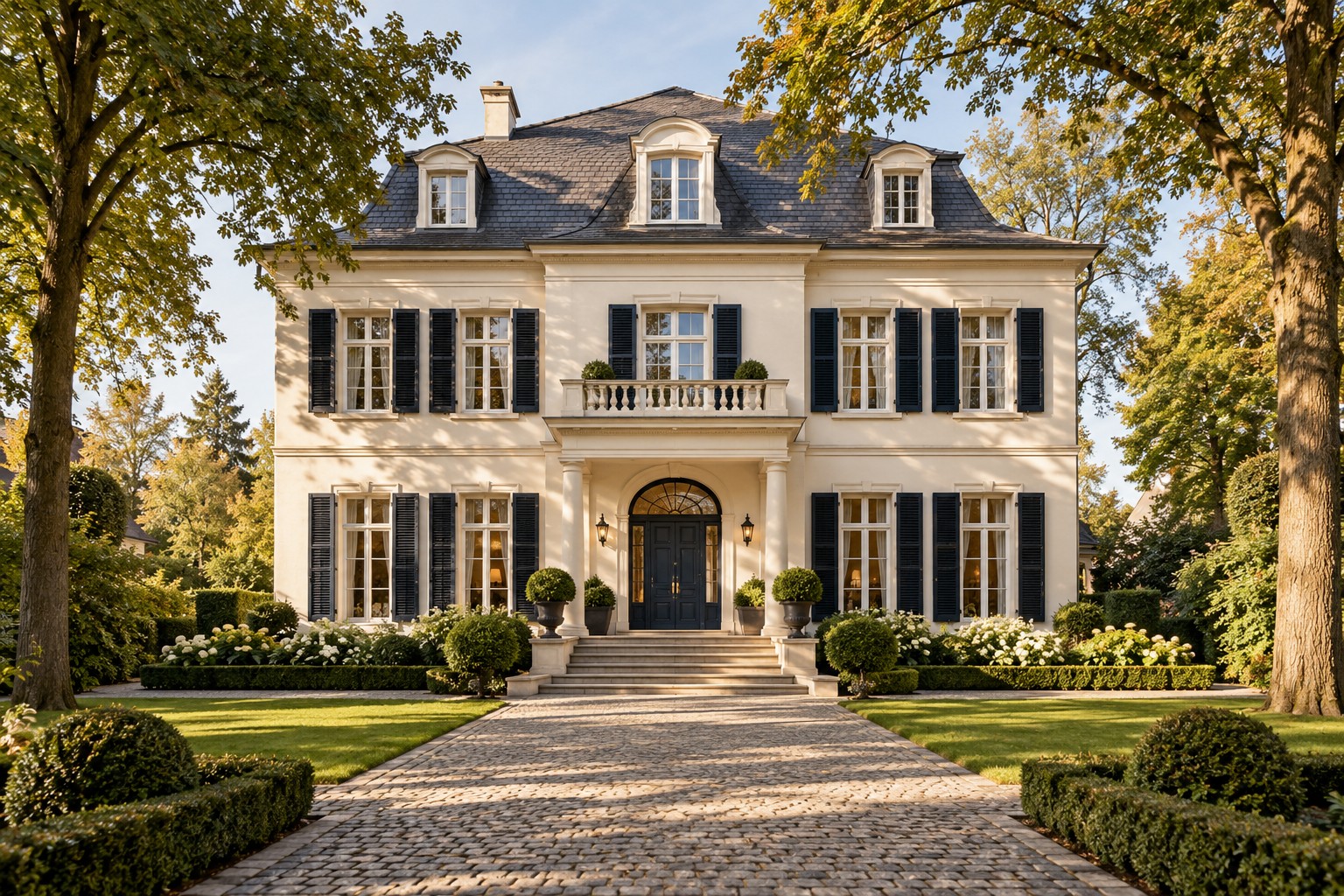 Repräsentative deutsche Villa mit klassischer Fassade und gepflegtem Garten
