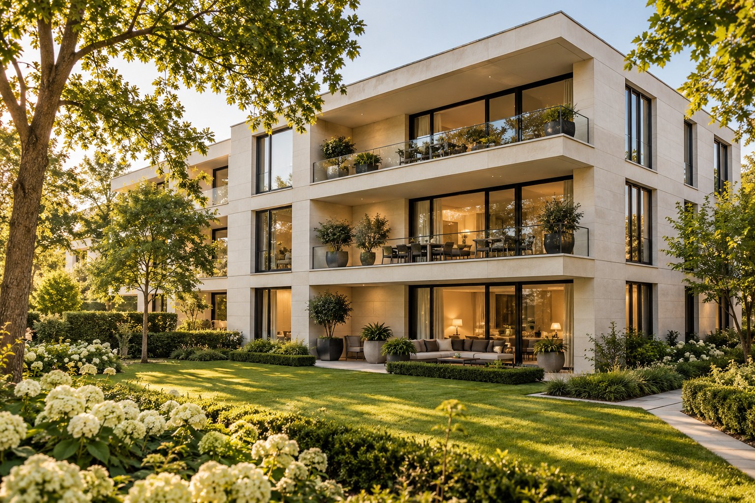 Zeitgemäßes Mehrfamilienhaus mit heller Natursteinfassade und großzügiger Gartenanlage