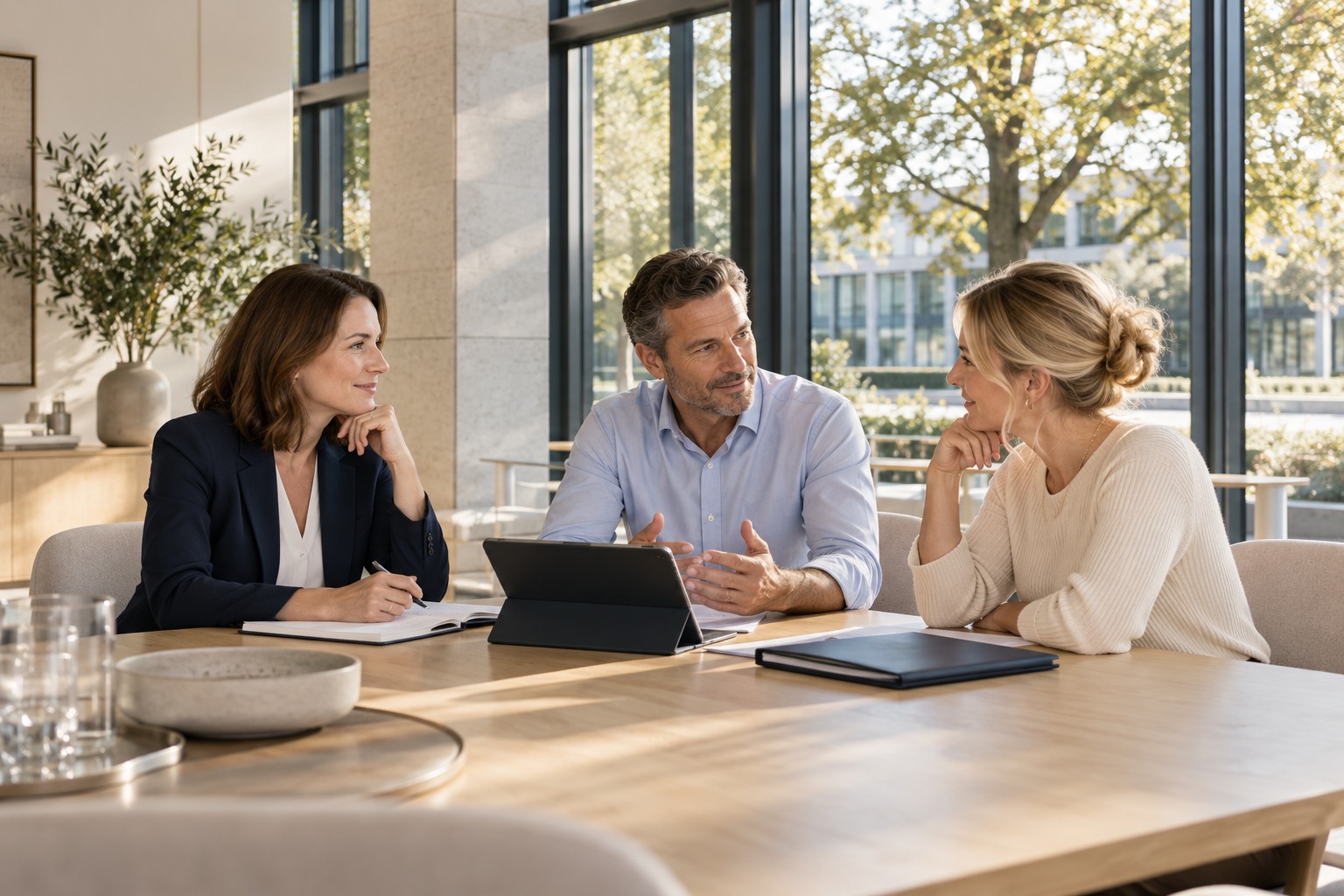 Drei Mitarbeitende besprechen ihre Arbeit in einem hellen Büro mit Blick ins Grüne