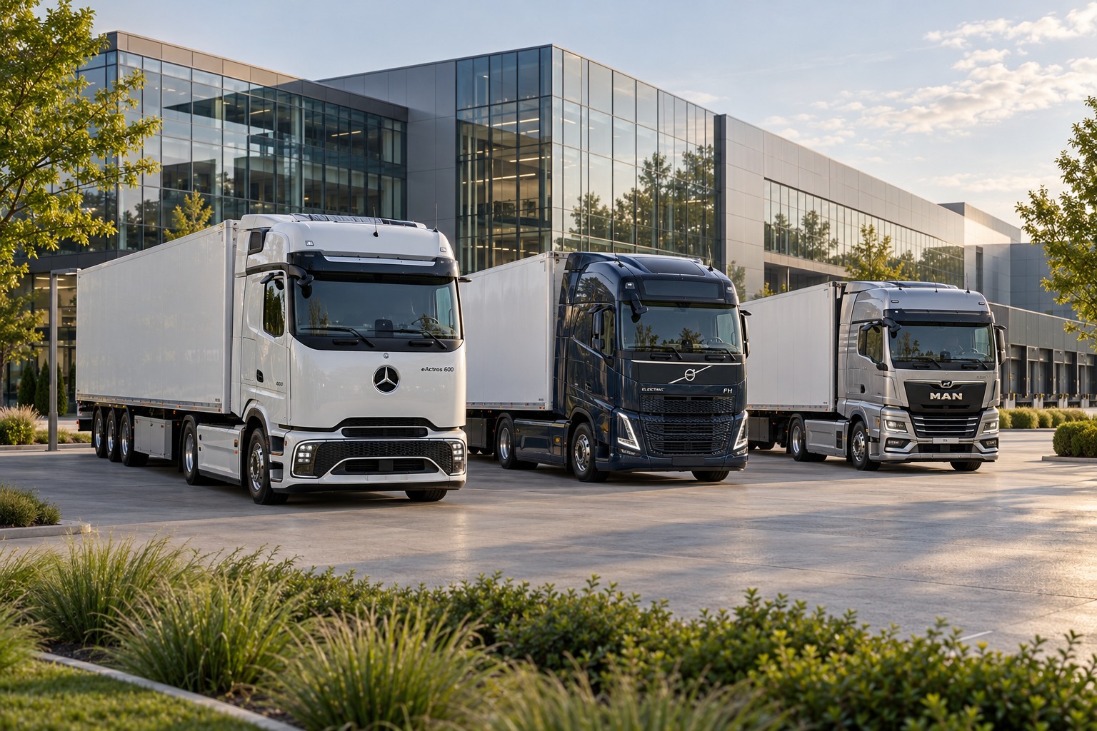 Elektro-Lkw von Mercedes-Benz, Volvo und MAN vor einem modernen Logistikzentrum im Grünen