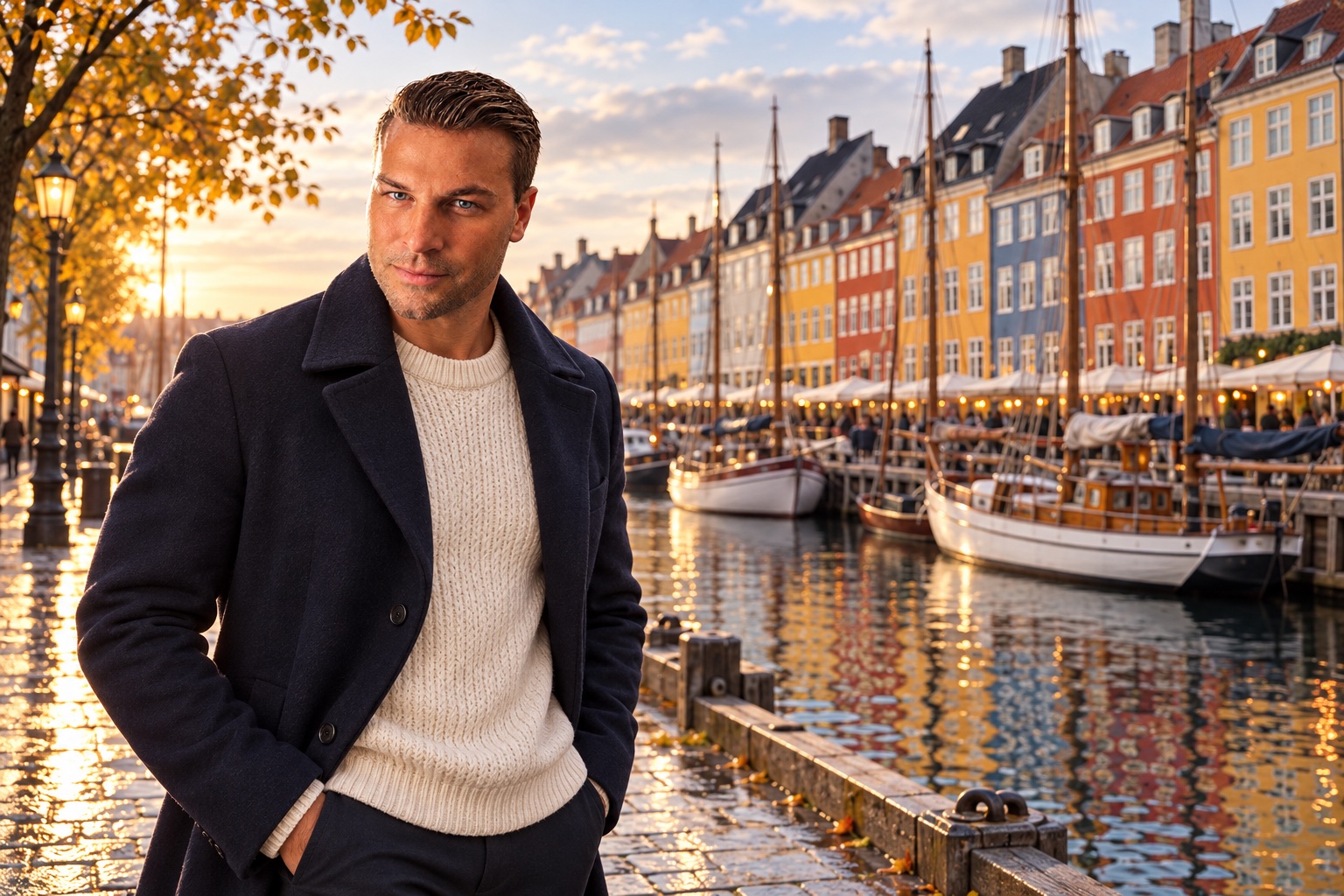 KI-Reisevisualisierung: Dominik Münstermann am farbenfrohen Nyhavn in Kopenhagen
