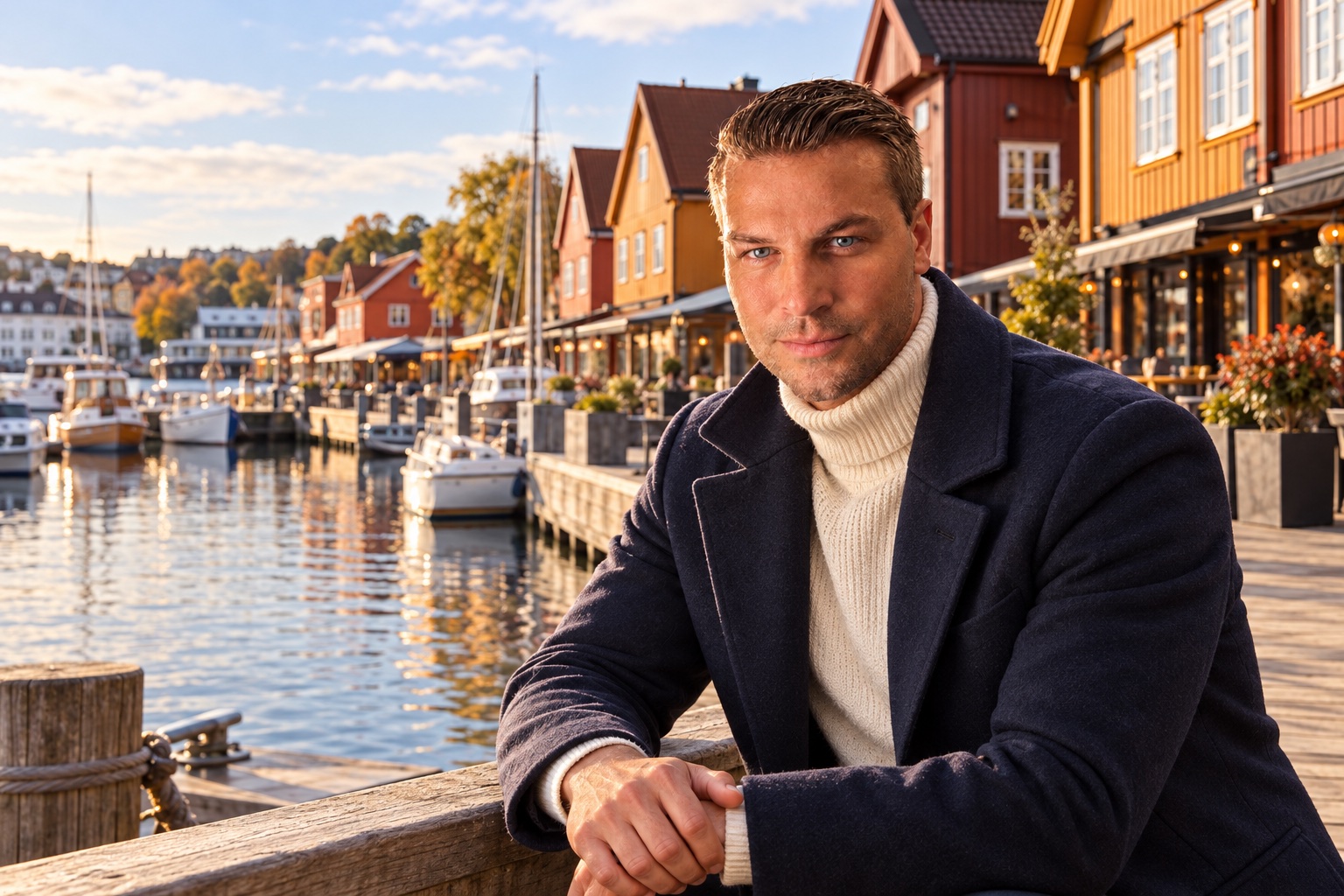 KI-Reisevisualisierung: Dominik Münstermann an einer von Holzhäusern gesäumten Hafenpromenade in Kristiansand