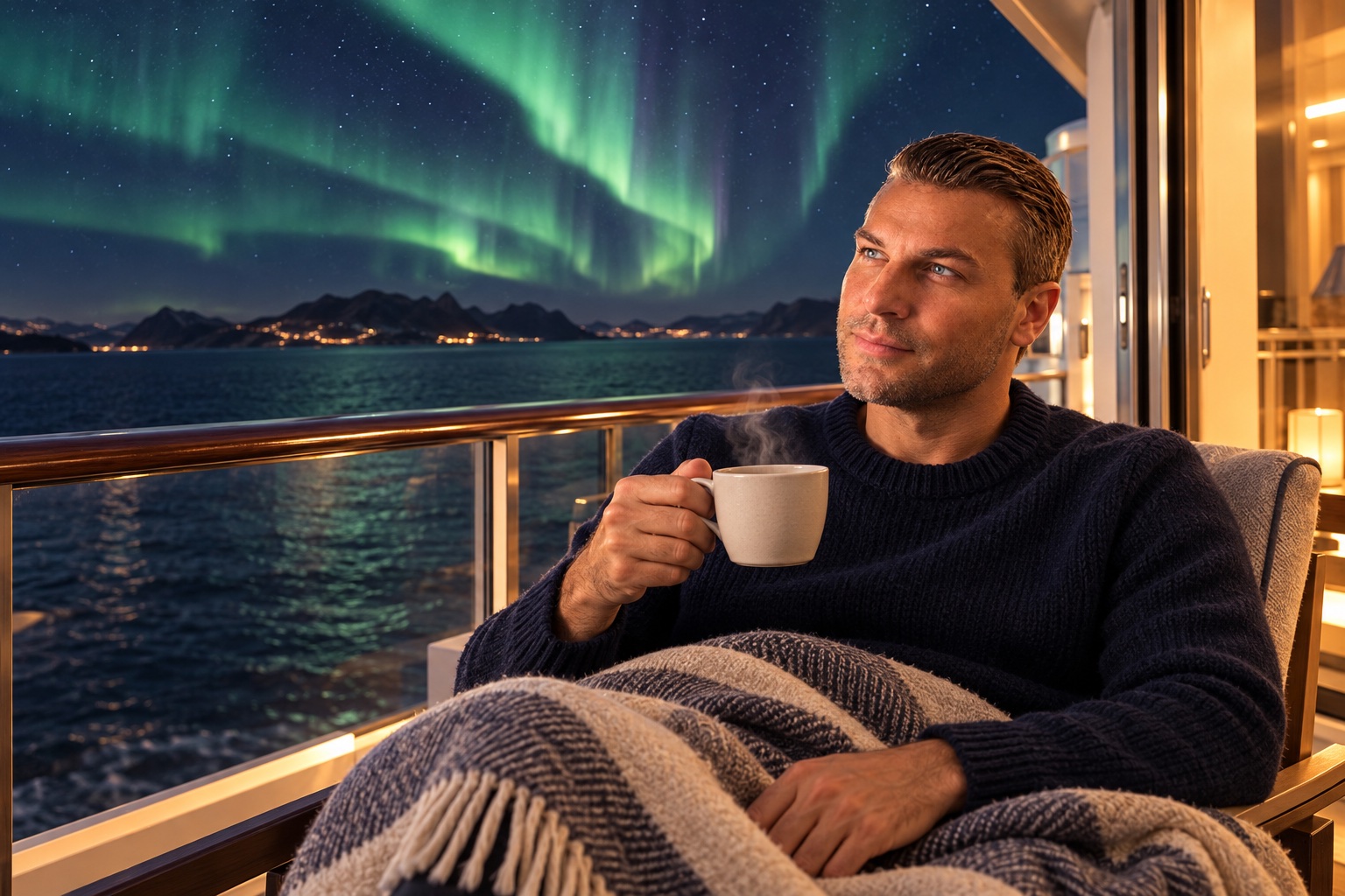 KI-Wunschmotiv: Dominik Münstermann auf einem Schiffsbalkon unter einem sternenklaren Himmel mit Nordlichtern