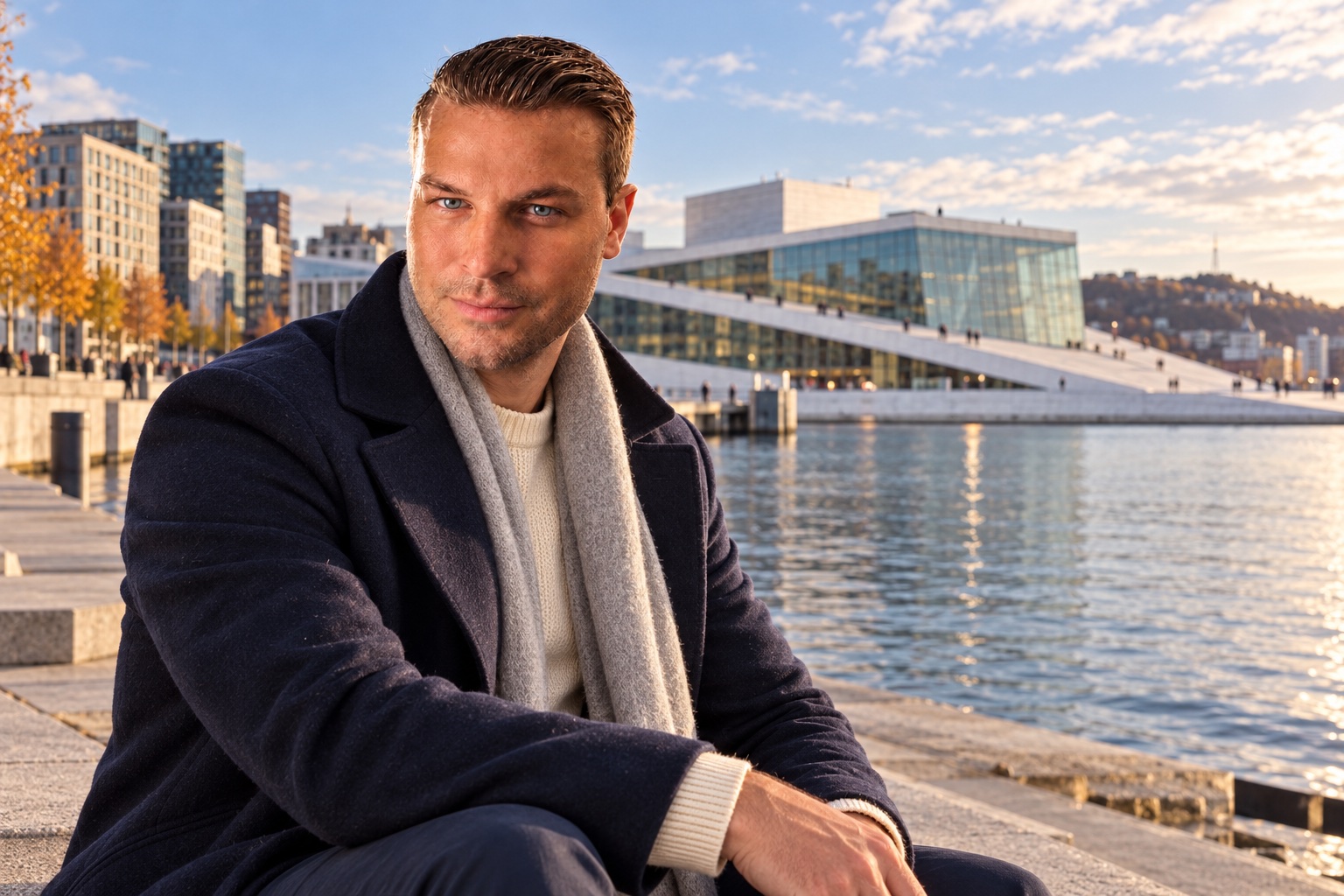 KI-Reisevisualisierung: Dominik Münstermann an der Uferpromenade vor der Oper in Oslo