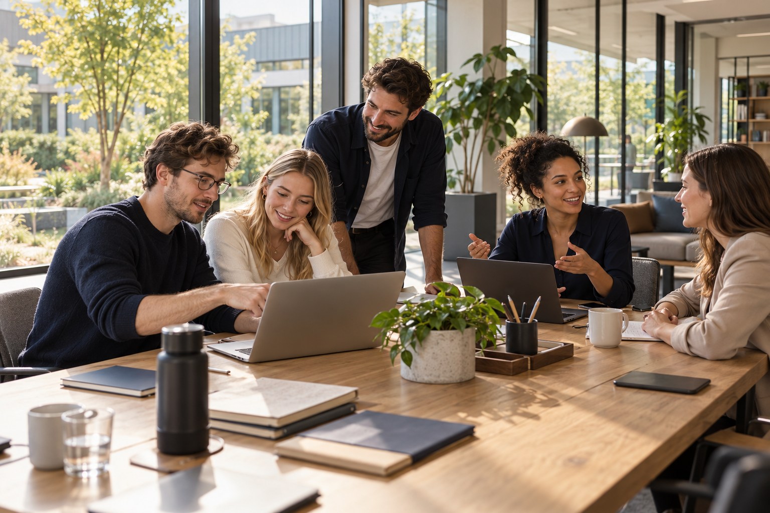 Junges Start-up-Team arbeitet gemeinsam an Laptops in einem modernen deutschen Büro