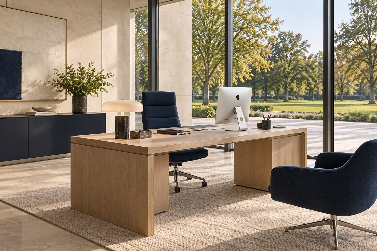 Elegantes Einzelbüro mit Eichenmöbeln, dunkelblauen Sitzmöbeln und einem Apple iMac