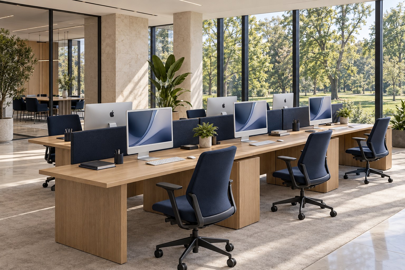 Elegantes Großraumbüro mit modernen Apple iMacs, Eichenarbeitsplätzen und Blick ins Grüne