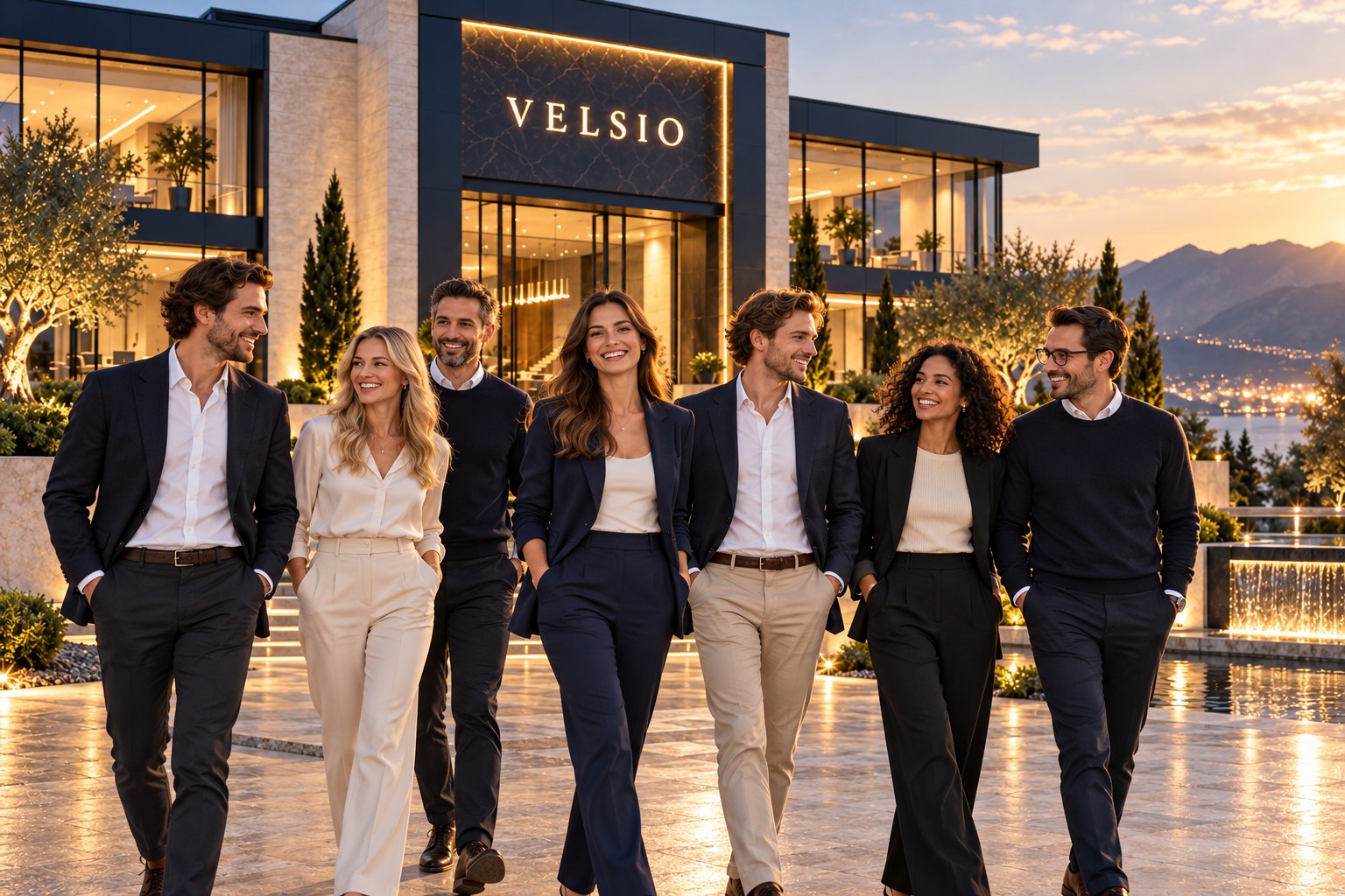 Illustratives Team vor einem modernen Bürogebäude mit VELSIO-Schriftzug im Abendlicht