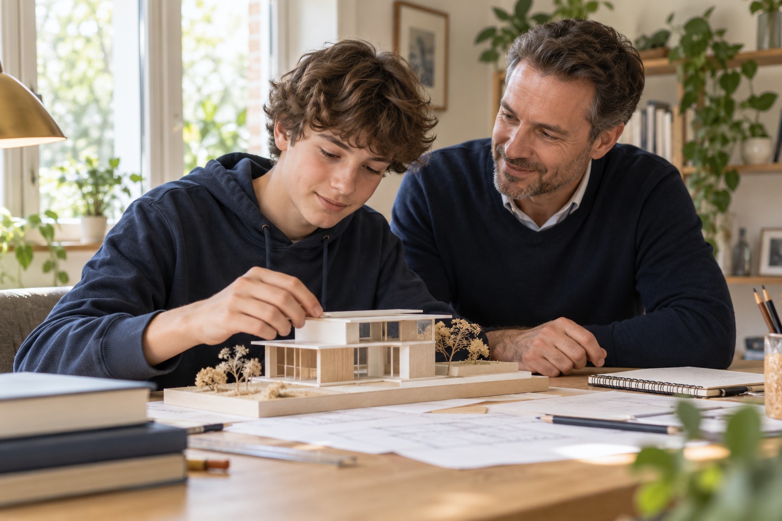 Vater und Jugendliche arbeiten gemeinsam an einem Architekturmodell