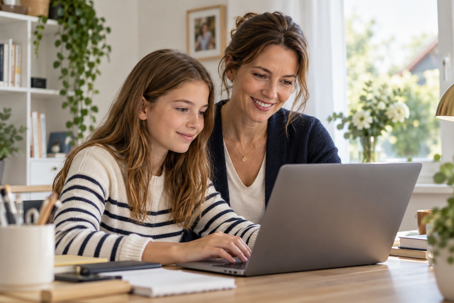 Mutter und Tochter nutzen gemeinsam einen Laptop in einem hellen Wohnraum