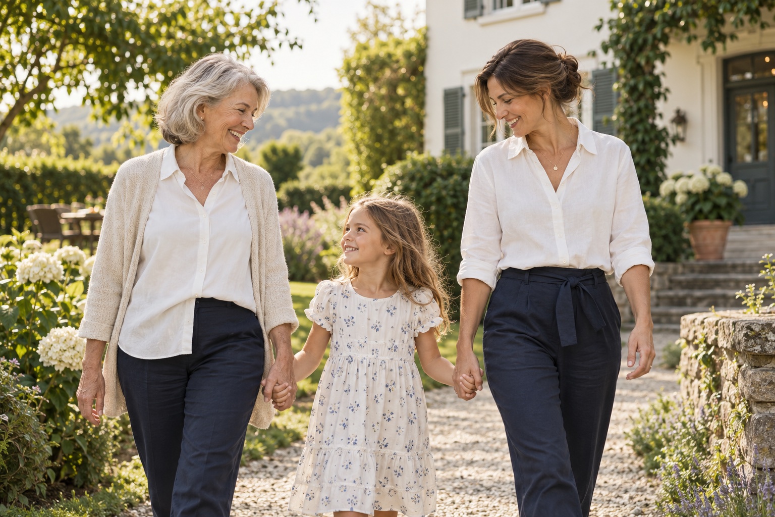 Drei Generationen einer Familie verbringen gemeinsam Zeit im Garten