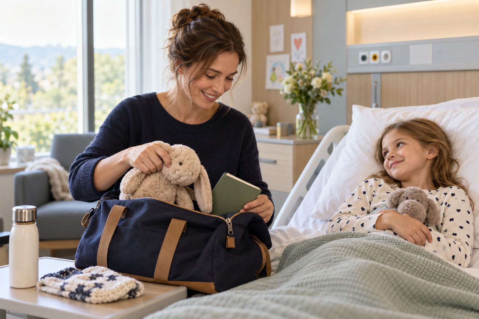 Mutter bereitet mit ihrem Kind eine Tasche für einen Krankenhausaufenthalt vor