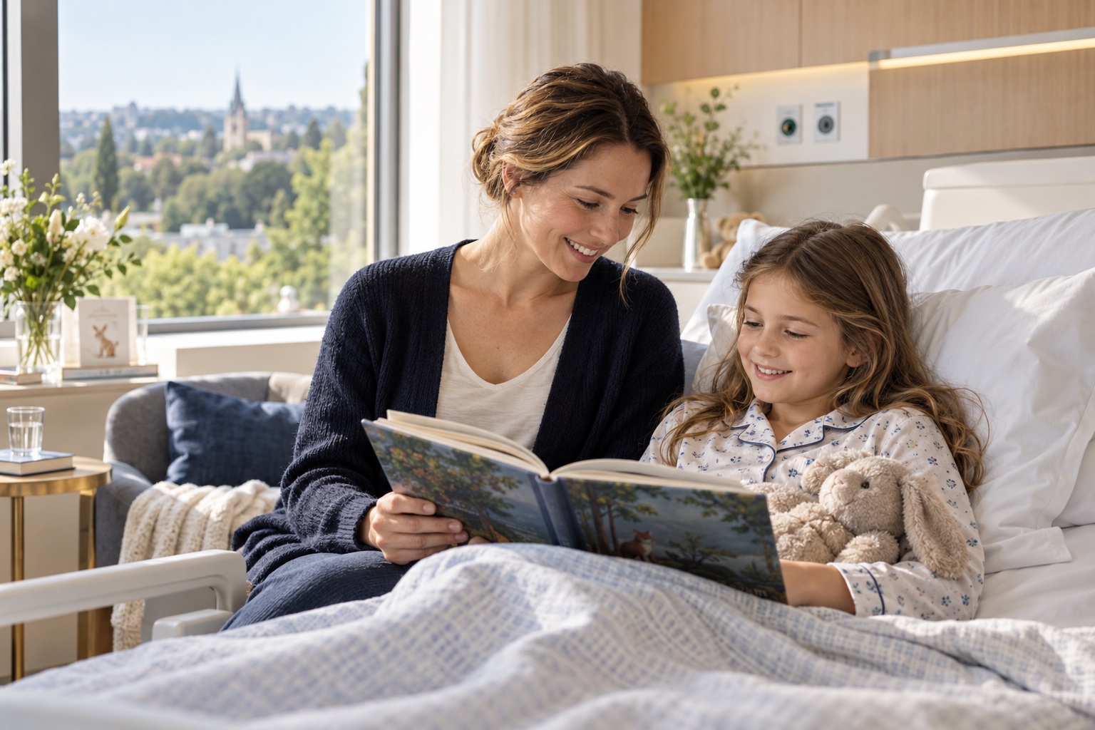 Mutter liest ihrem Kind in einem hellen Krankenhauszimmer vor