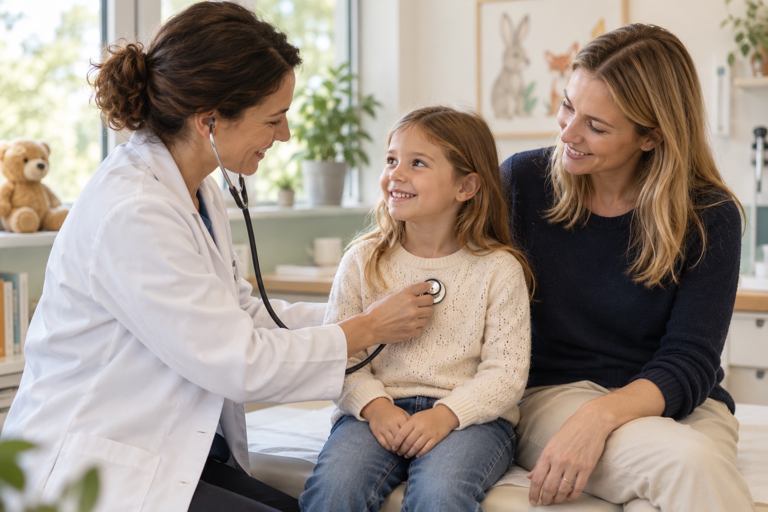 Kinderärztin untersucht ein entspanntes Kind im Beisein der Mutter