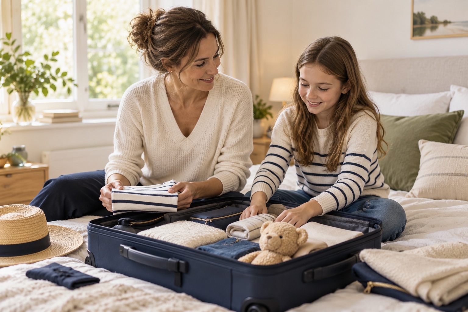 Mutter sitzt mit ihrem Kind und gepacktem Koffer zu Hause