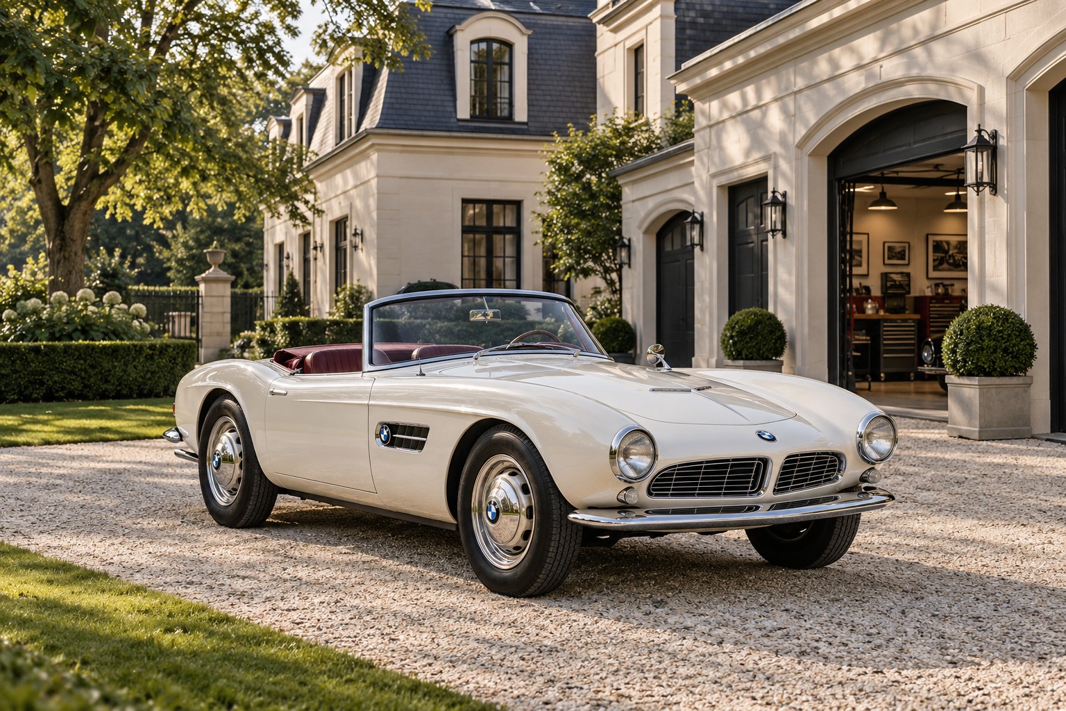 Elfenbeinweißer BMW 507 Roadster vor der Garage einer klassischen deutschen Villa