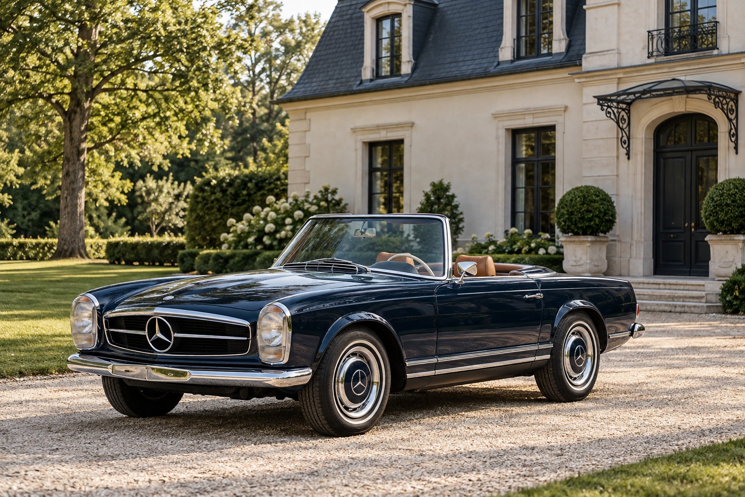 Dunkelblauer Mercedes-Benz 280 SL Pagode mit offenem Verdeck vor einer klassischen deutschen Villa