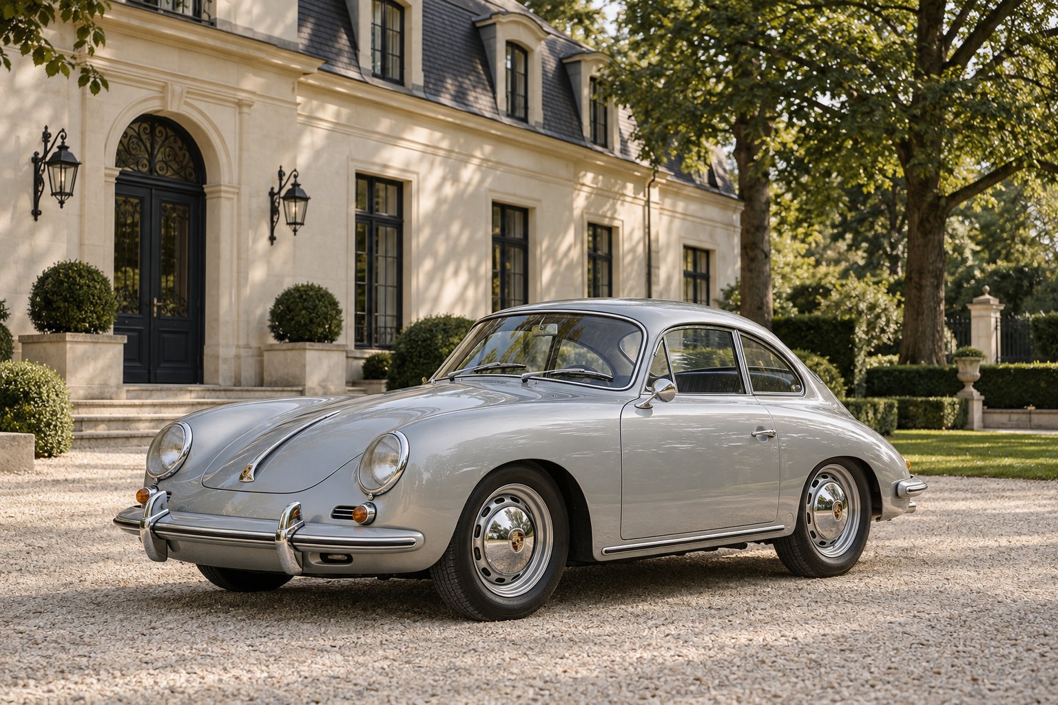 Silberner Porsche 356 vor einer klassischen Villa in Deutschland