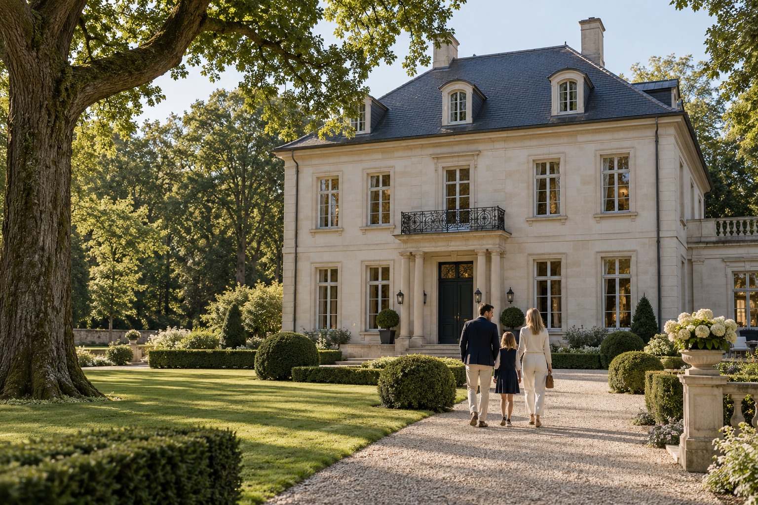 Familie auf dem Gartenweg vor einer hellen Stadtvilla mit altem Laubbaumbestand
