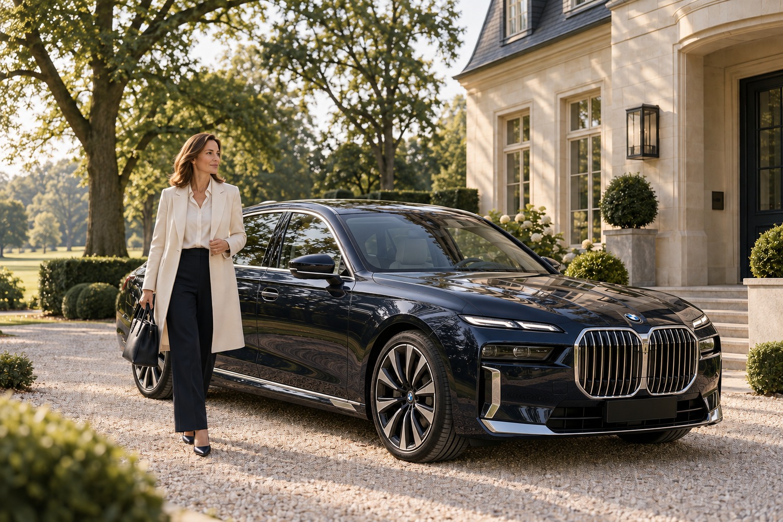 Frau neben einem dunkelblauen BMW i7 auf einer großzügigen Einfahrt vor einem hellen Wohnhaus