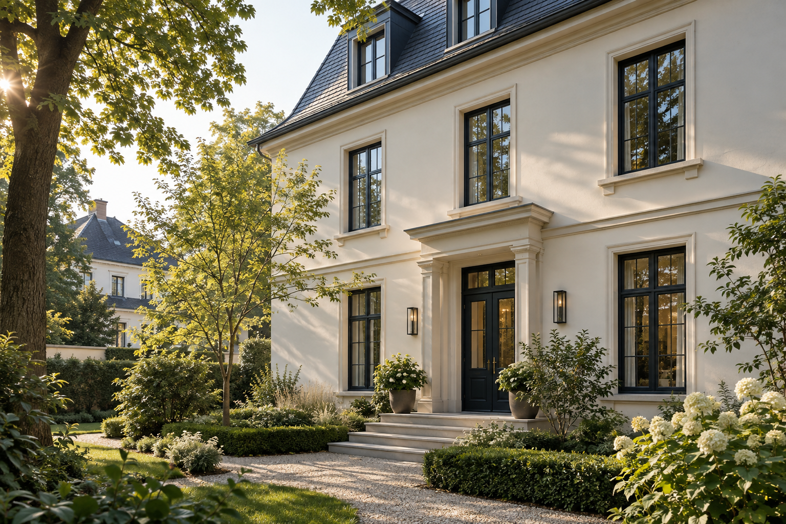 Helles Wohnhaus mit klassischer Fassade und eingewachsenem Garten
