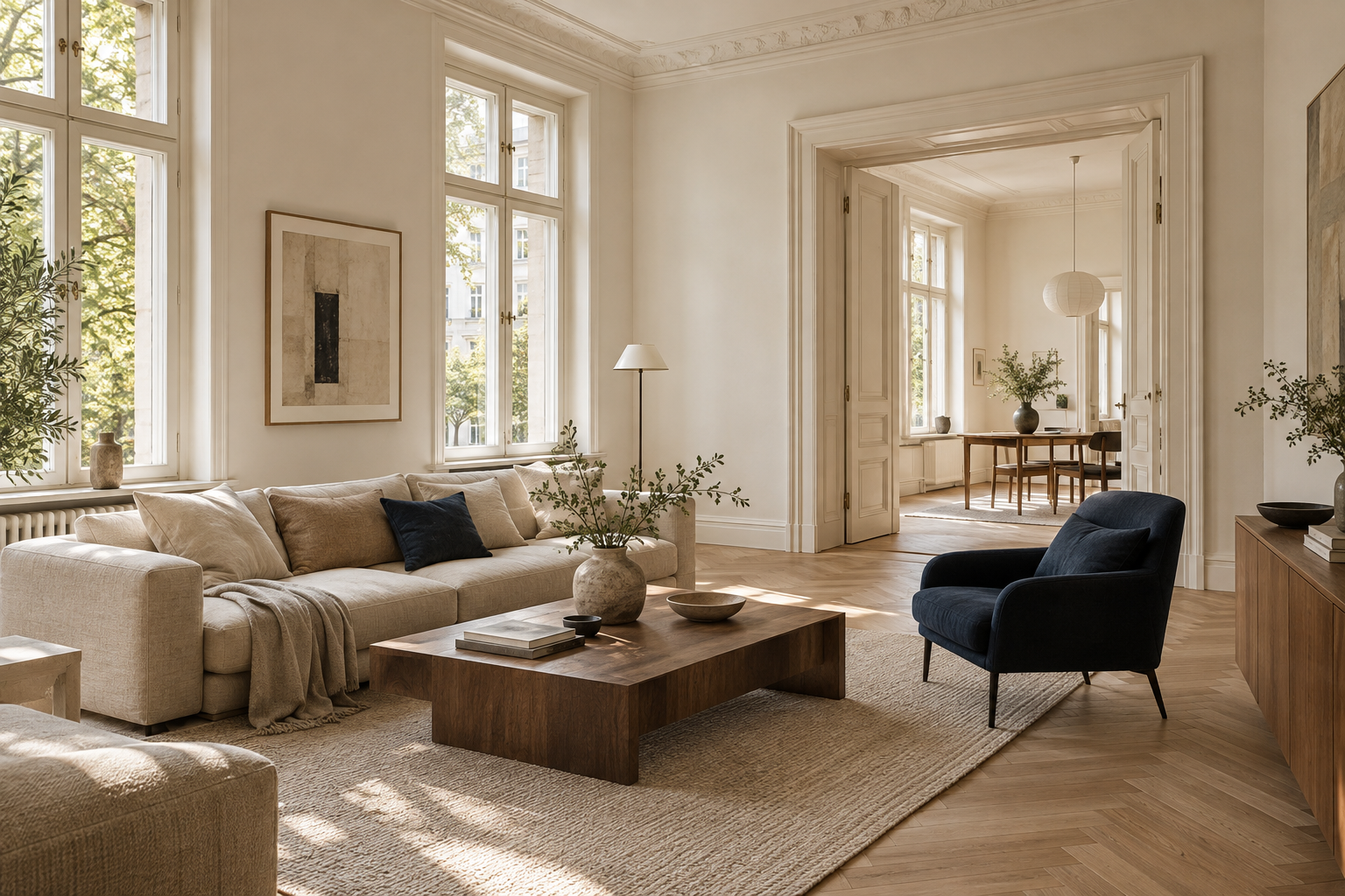 Lichtdurchfluteter Wohnraum mit Parkett, hohen Fenstern und natürlichen Materialien