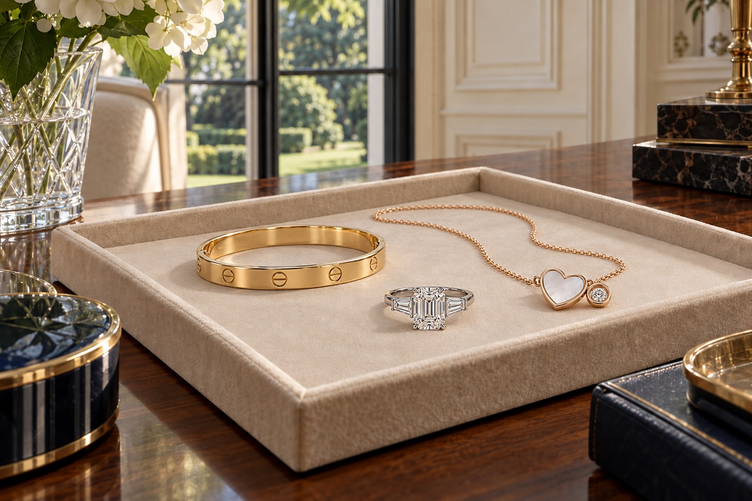 Goldener Armreif, Herzcollier und Diamantring auf einem hellen Schmucktablett in einer Villa