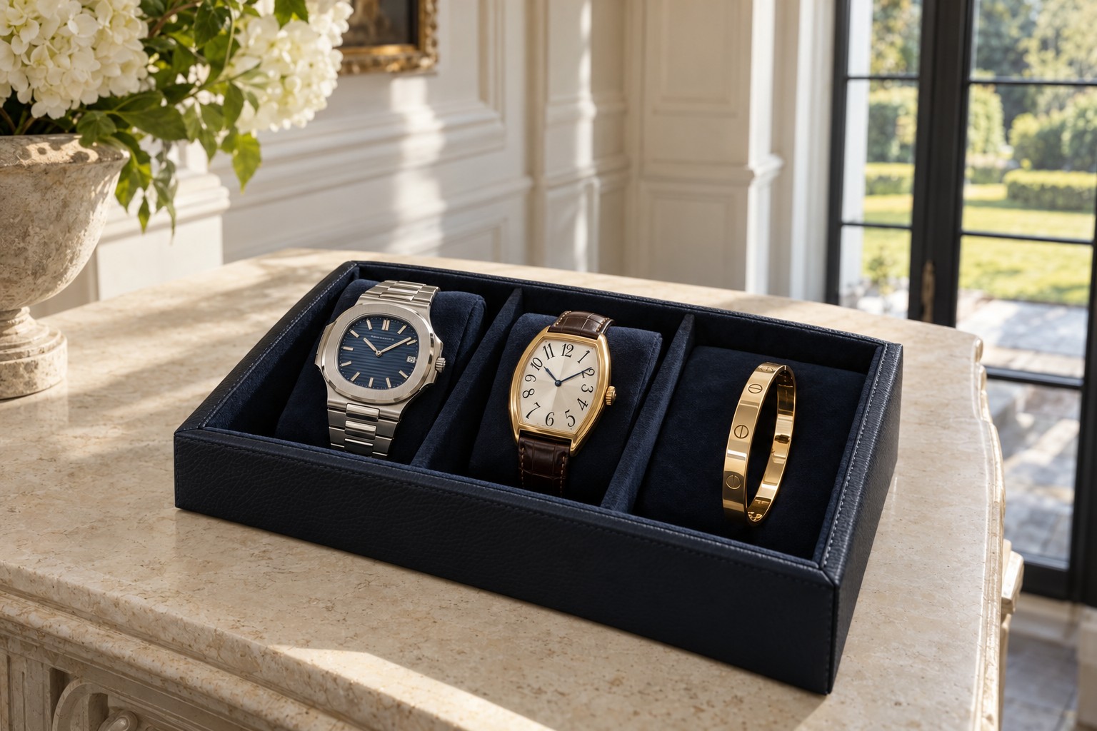 Edle Armbanduhren und goldener Armreif auf einem marineblauen Schmucktablett in einer klassischen Villa