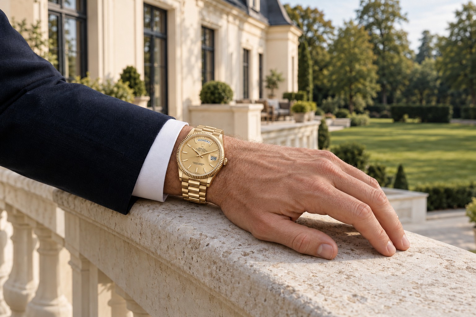 Goldene Luxusuhr am Handgelenk vor einer klassischen Villa mit grünem Garten