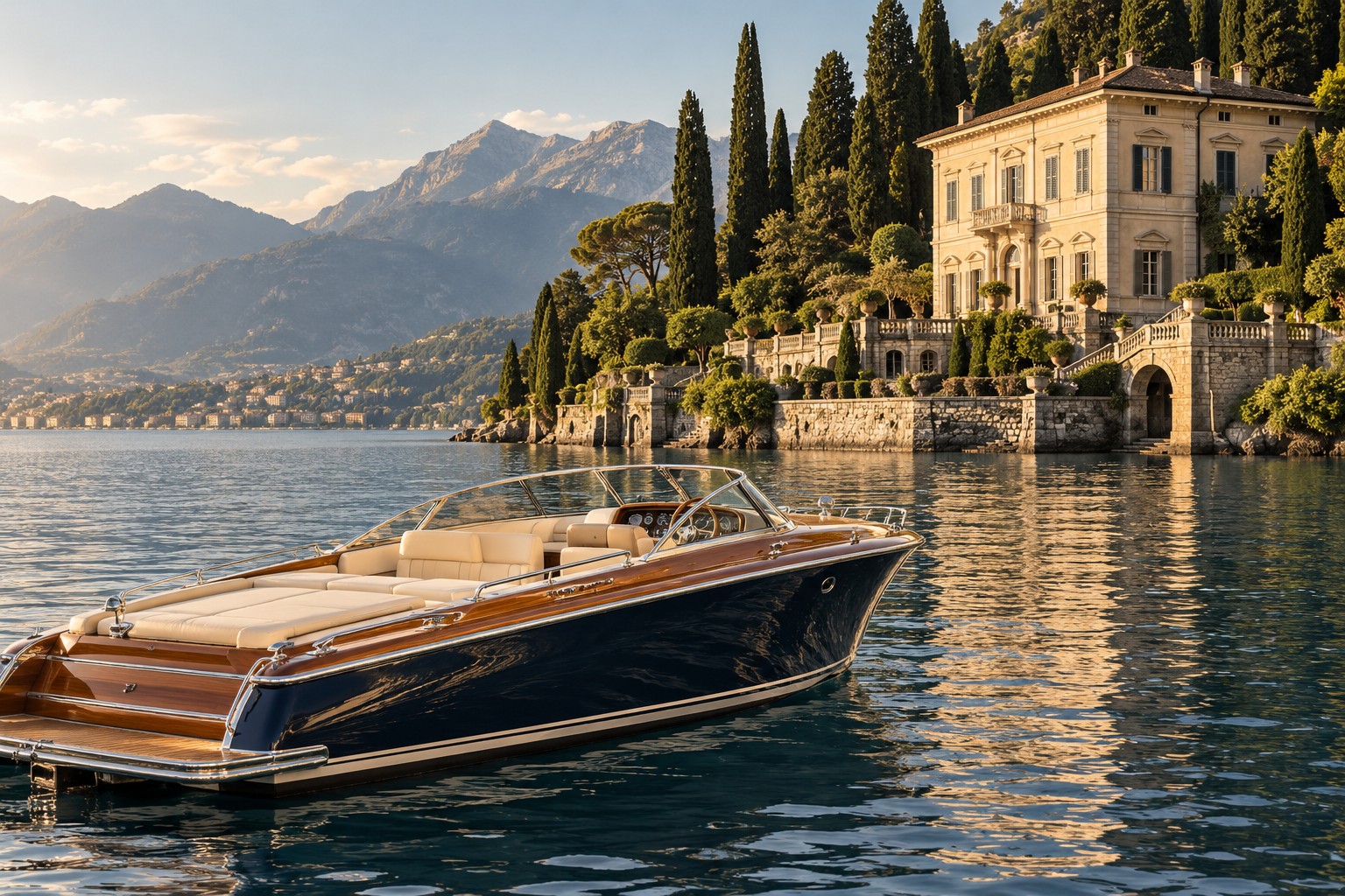 Yacht auf dem Comer See vor einer Villa