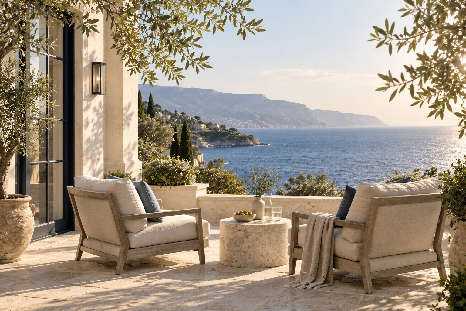 Mediterrane Terrasse mit Naturstein, Olivenbaum und Meerblick