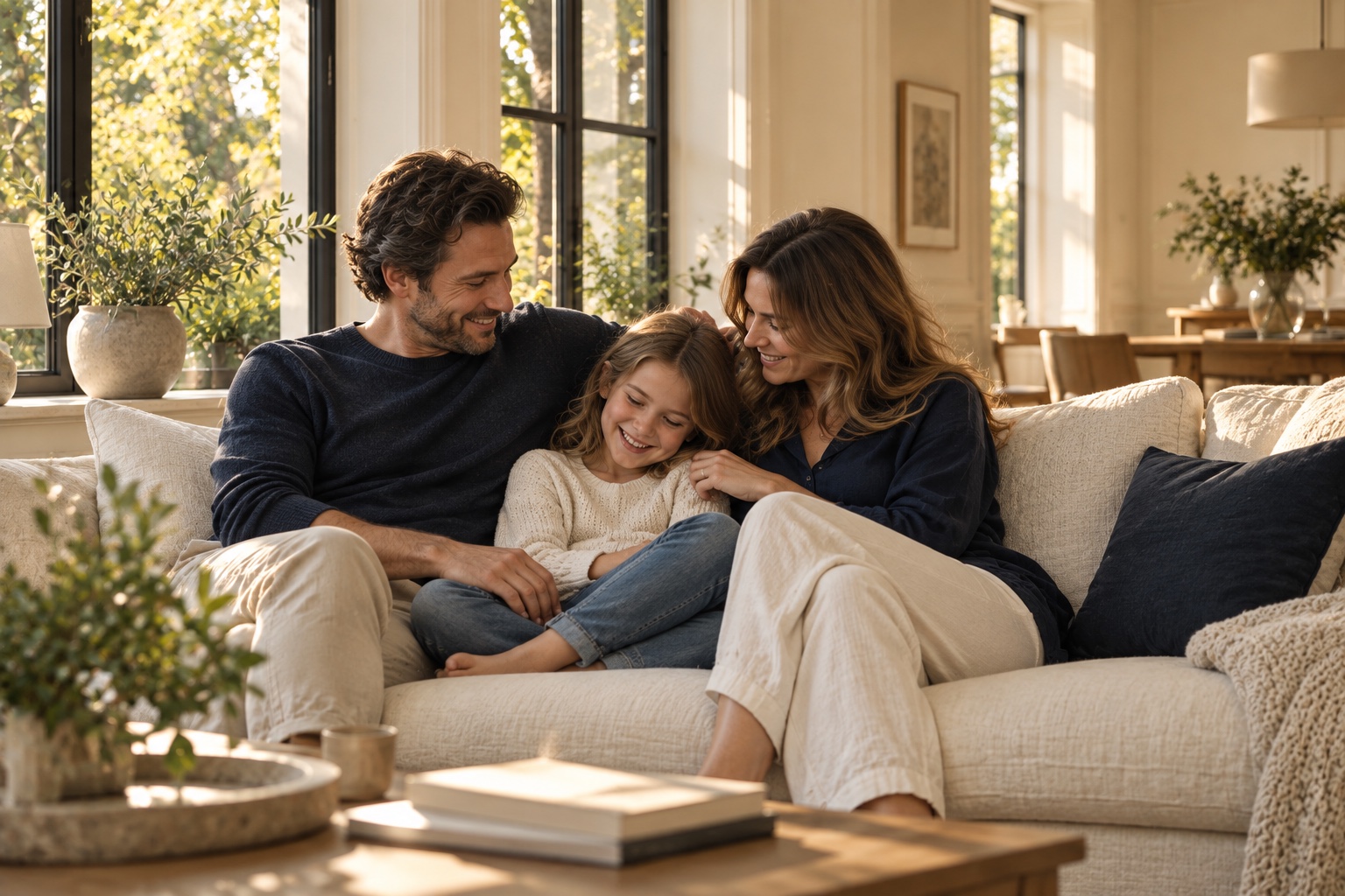 Familie in einem hellen Wohnzimmer mit Blick ins Grüne