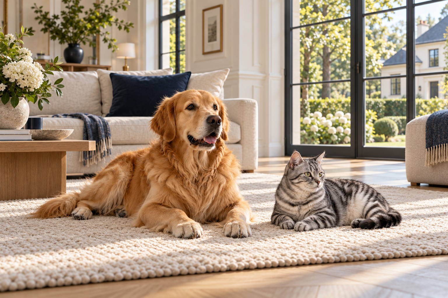 Golden Retriever und Katze im hellen Wohnzimmer einer klassischen Villa