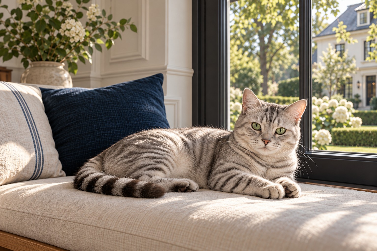Silbergrau getigerte Katze am Fenster mit Blick in einen ebenen Garten mit Laubbäumen