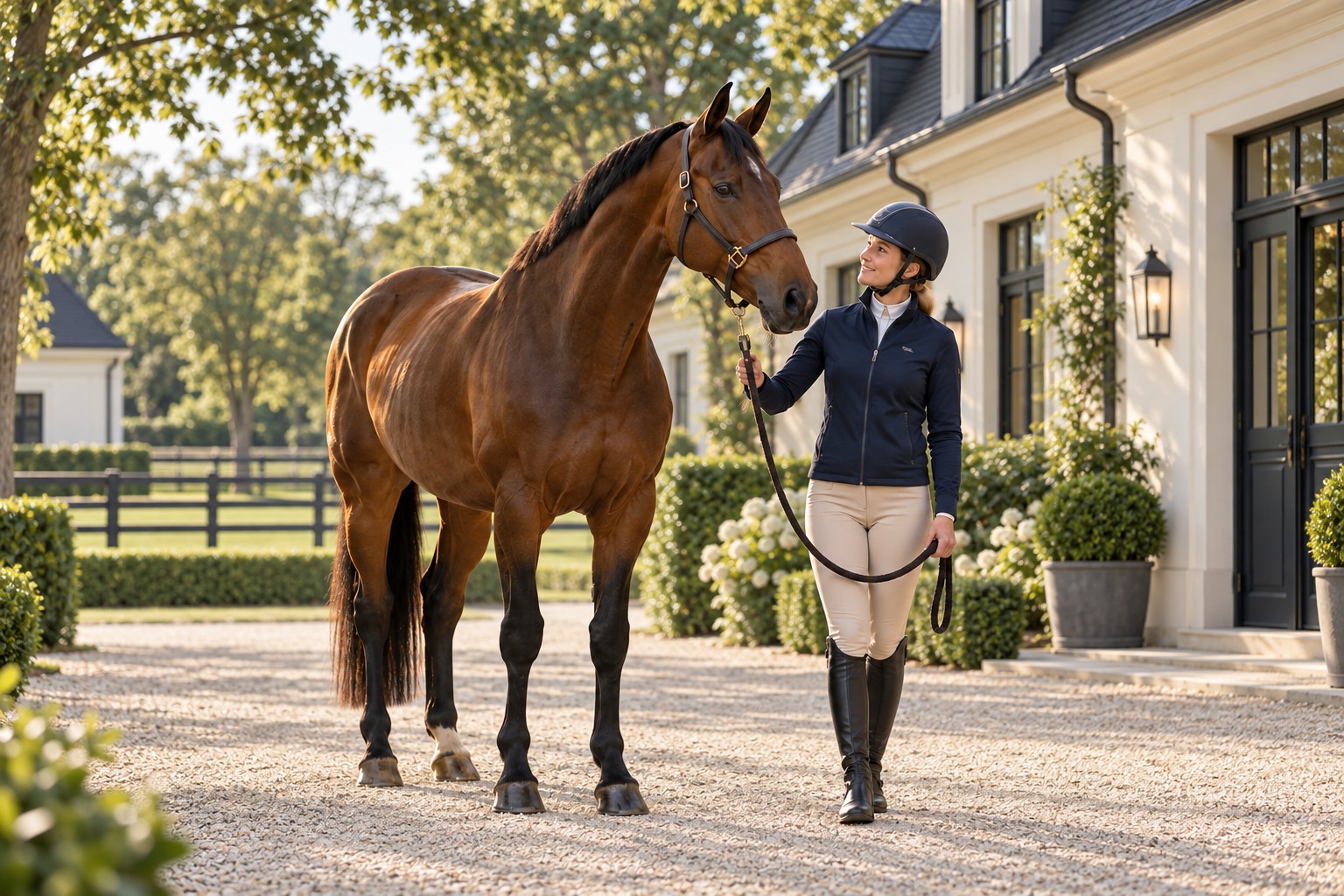 Braunes Pferd mit einer Person in Reitkleidung und Helm auf einem gepflegten Reiterhof