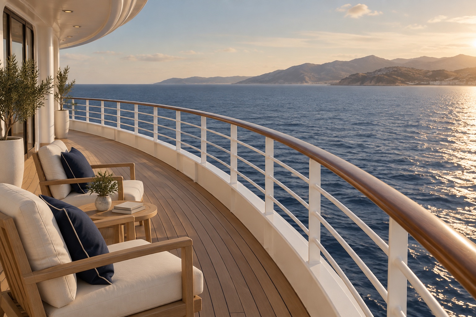 Ruhiges Schiffsdeck mit hellen Sesseln und Blick auf Meer und Küste