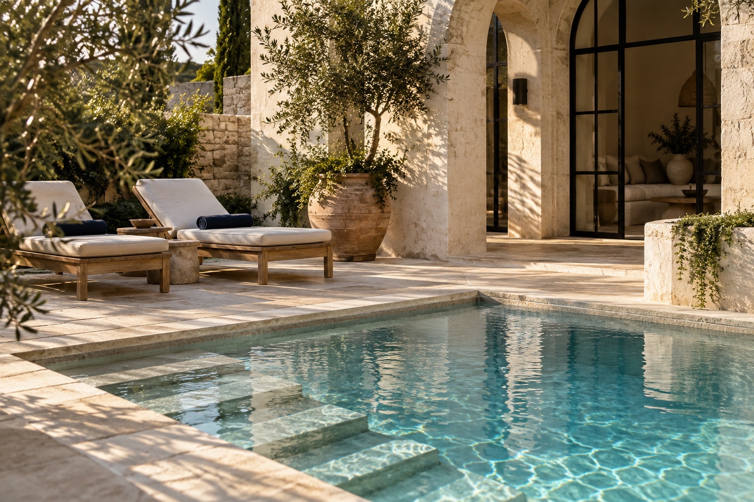 Sonniger Innenhof einer hellen Villa mit Pool und Liegestühlen