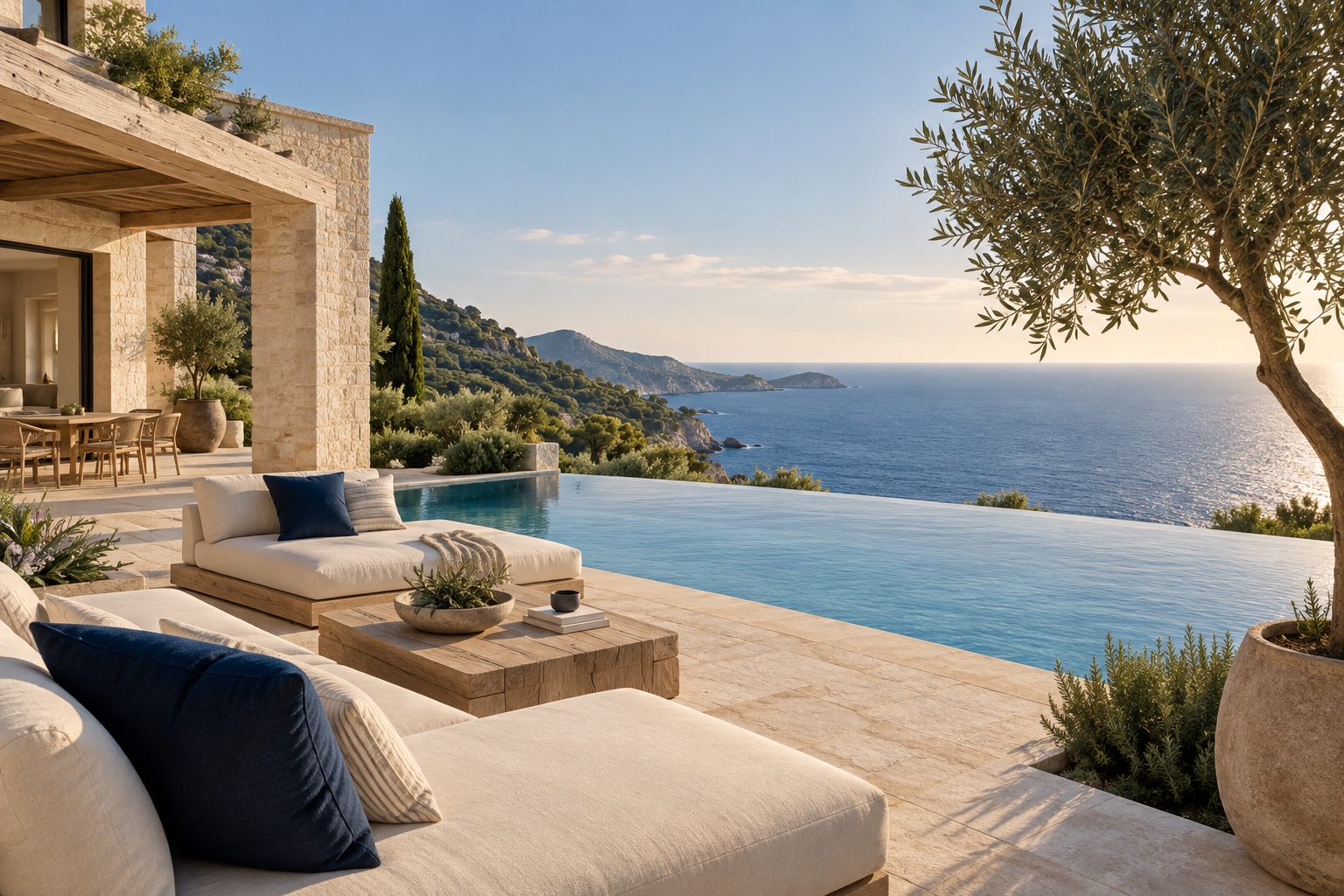 Helle Villa mit Infinitypool und weitem Blick auf das Meer