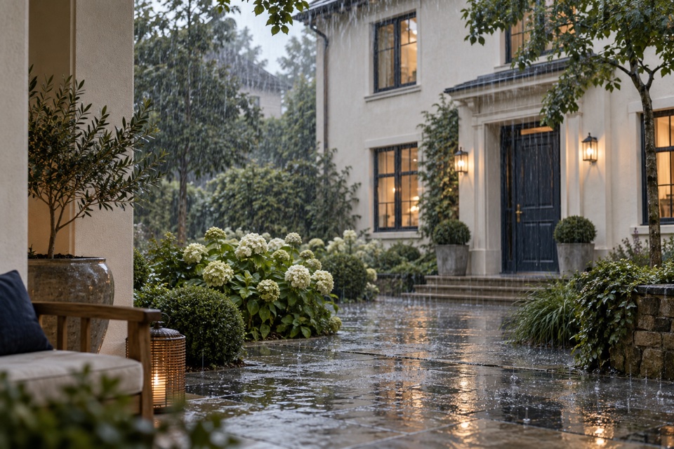 Starker Regen und Pfützen im Garten vor einem hellen Wohnhaus